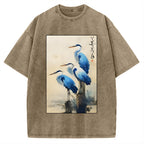 Unisex Great Blue Heron Japan Printed Washed Tee