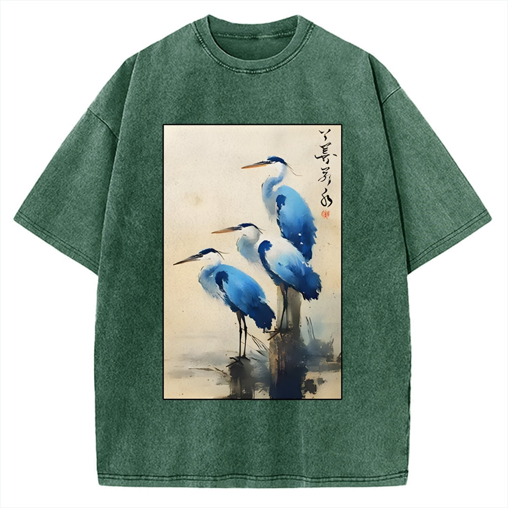 Unisex Great Blue Heron Japan Printed Washed Tee
