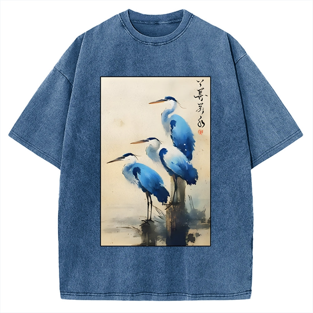 Unisex Great Blue Heron Japan Printed Washed Tee