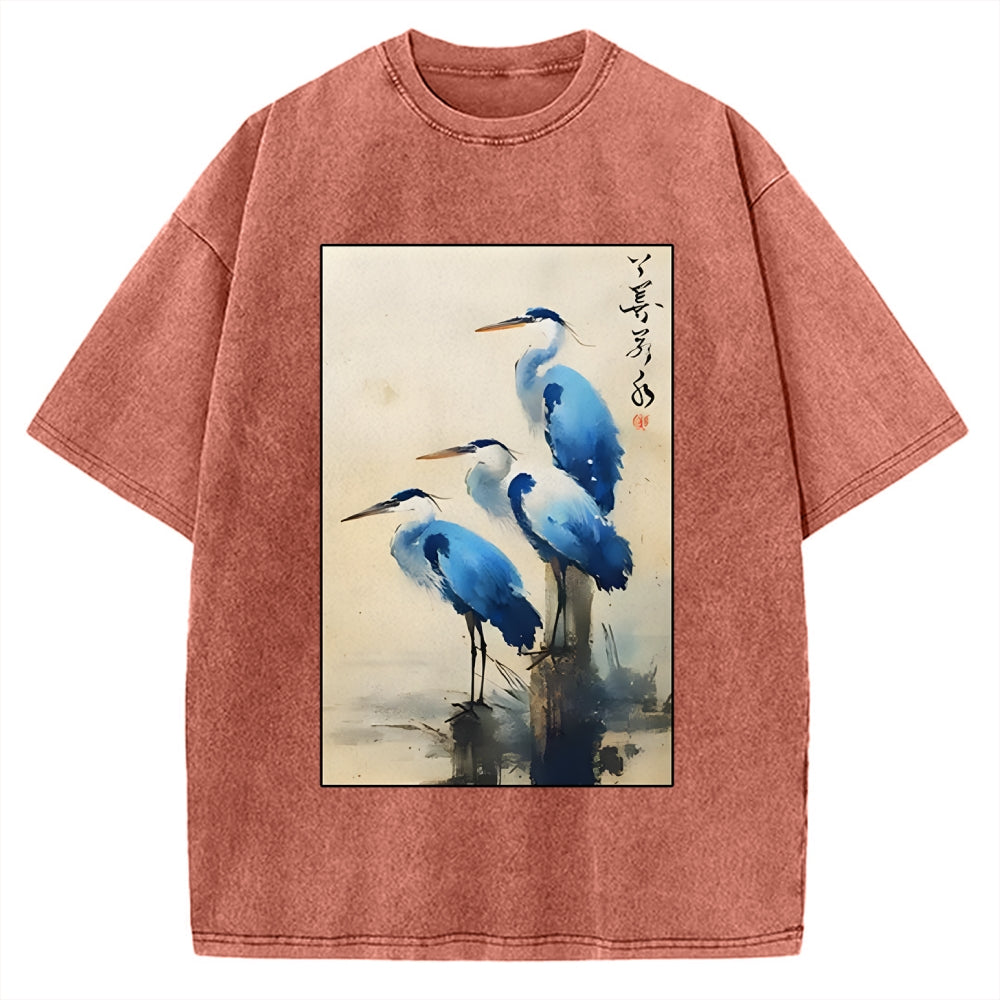 Unisex Great Blue Heron Japan Printed Washed Tee