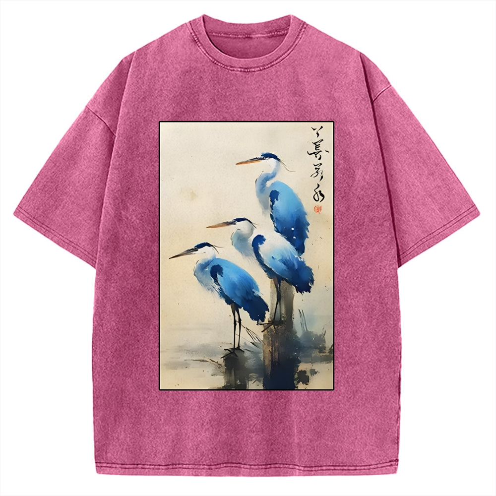 Unisex Great Blue Heron Japan Printed Washed Tee