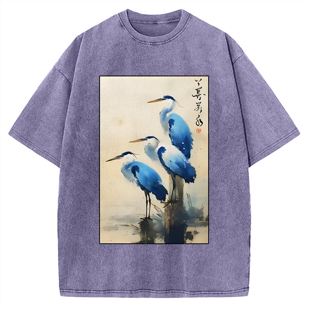 Unisex Great Blue Heron Japan Printed Washed Tee