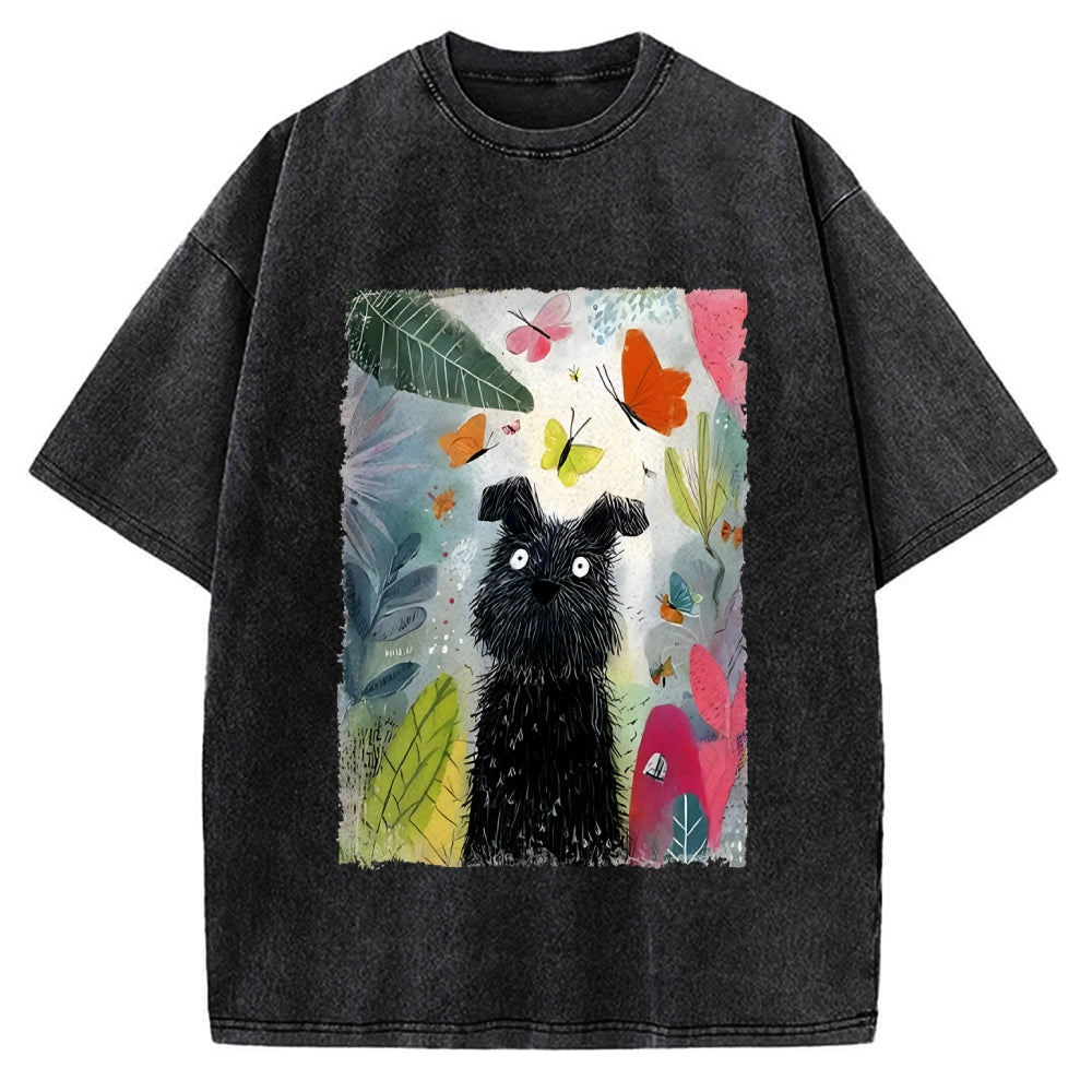 Unisex Black Dog Among Colorful Butterflies Printed Washed Tee