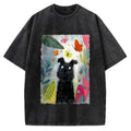 Unisex Black Dog Among Colorful Butterflies Printed Washed Tee