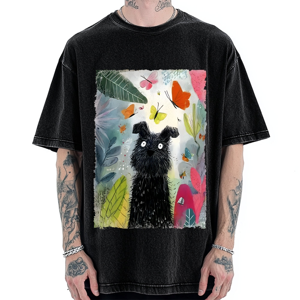 Unisex Black Dog Among Colorful Butterflies Printed Washed Tee