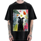 Unisex Black Dog Among Colorful Butterflies Printed Washed Tee