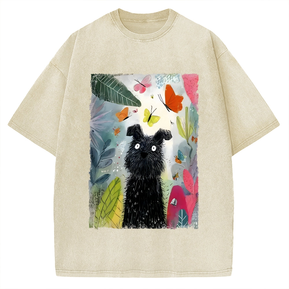 Unisex Black Dog Among Colorful Butterflies Printed Washed Tee