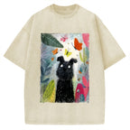 Unisex Black Dog Among Colorful Butterflies Printed Washed Tee