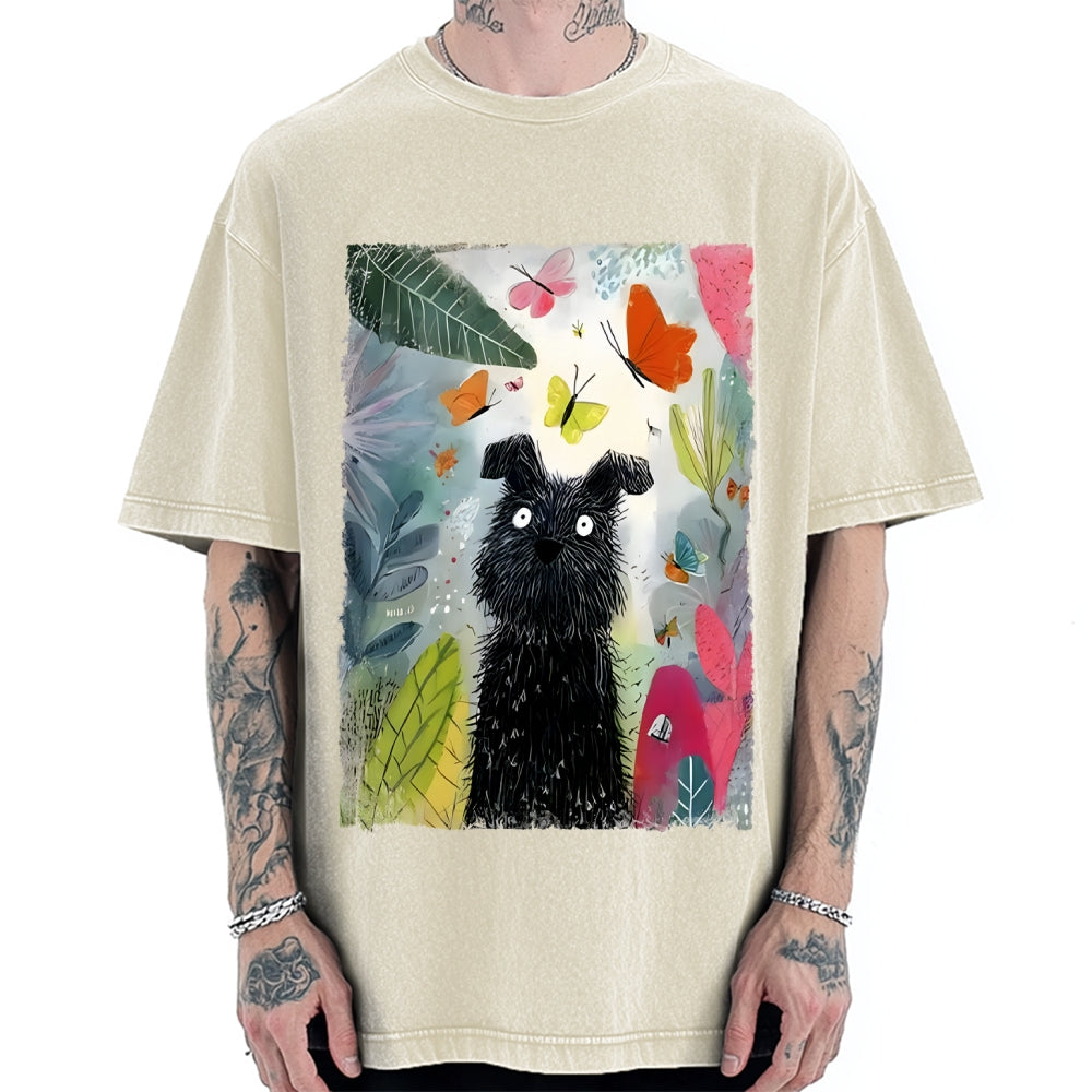 Unisex Black Dog Among Colorful Butterflies Printed Washed Tee