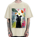 Unisex Black Dog Among Colorful Butterflies Printed Washed Tee