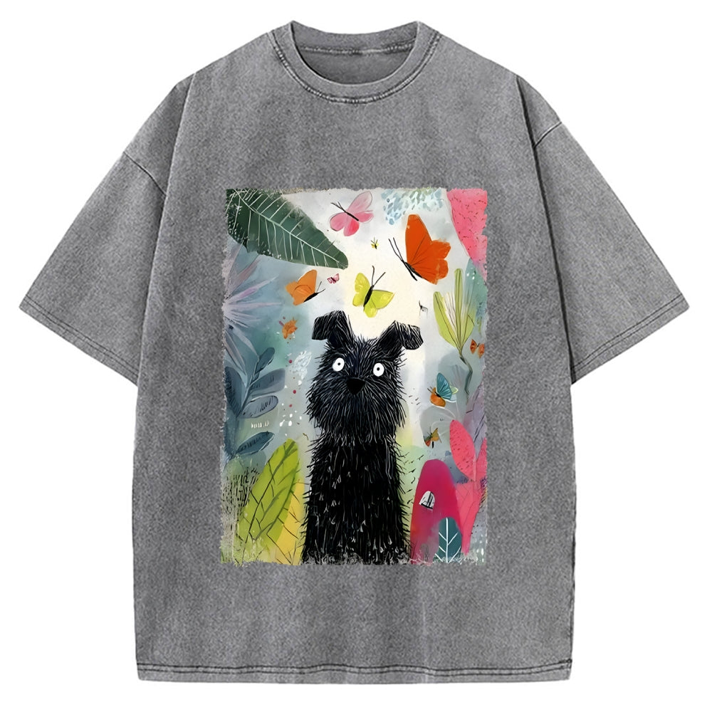 Unisex Black Dog Among Colorful Butterflies Printed Washed Tee