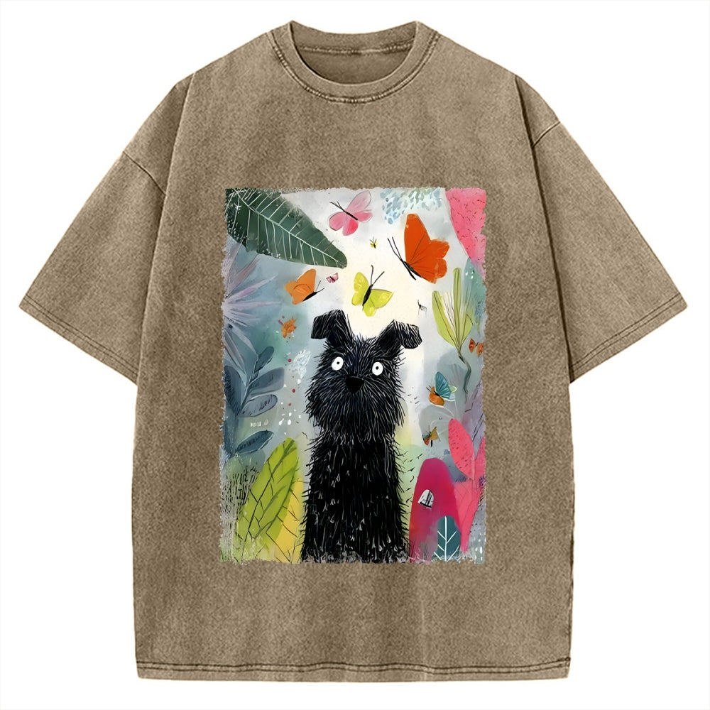 Unisex Black Dog Among Colorful Butterflies Printed Washed Tee