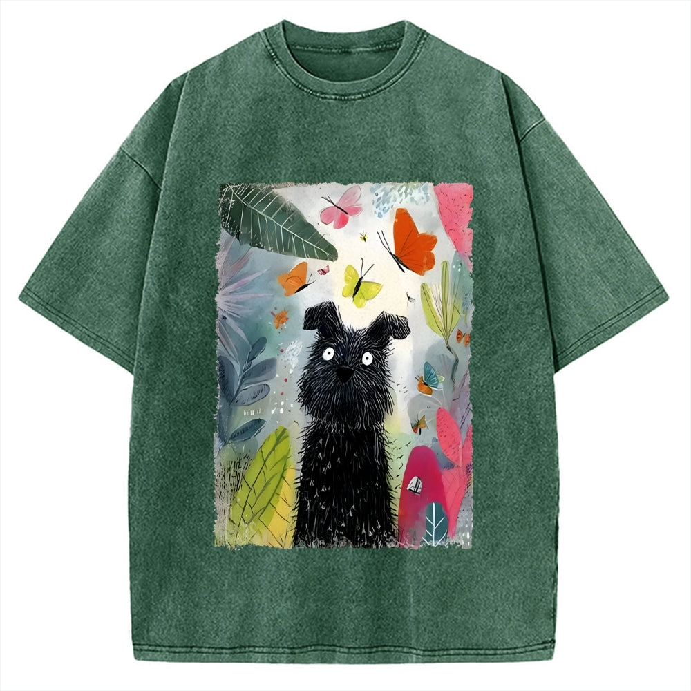 Unisex Black Dog Among Colorful Butterflies Printed Washed Tee