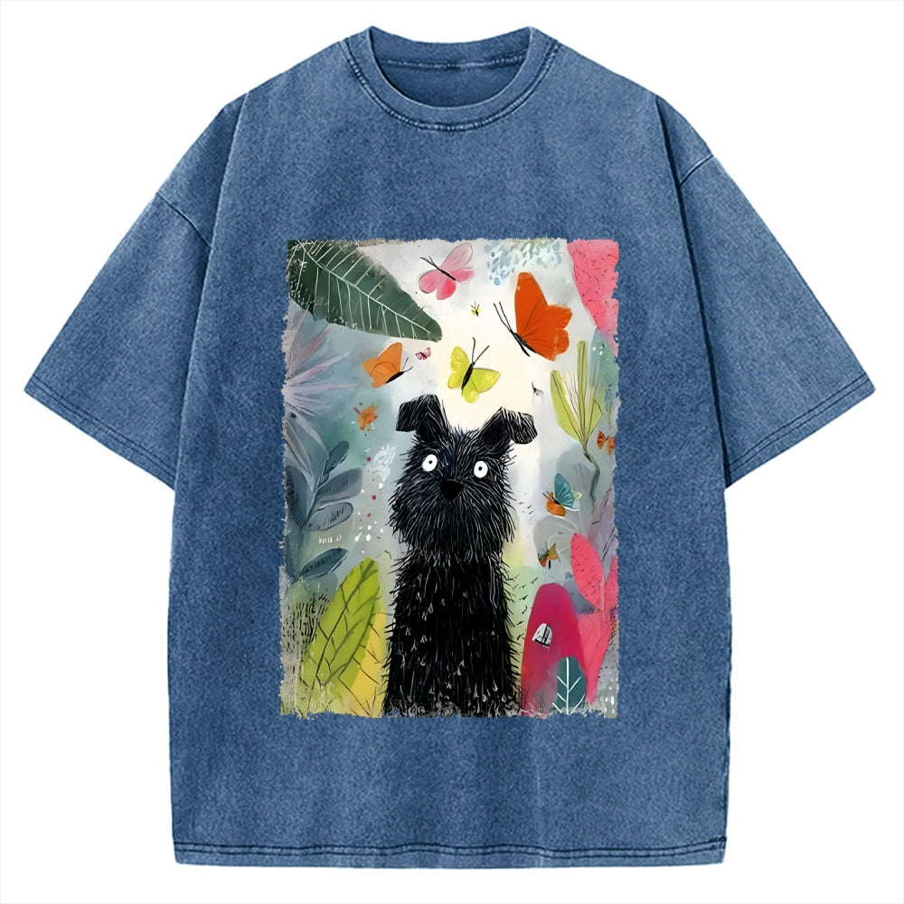 Unisex Black Dog Among Colorful Butterflies Printed Washed Tee