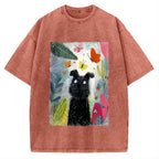 Unisex Black Dog Among Colorful Butterflies Printed Washed Tee