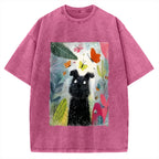 Unisex Black Dog Among Colorful Butterflies Printed Washed Tee