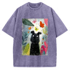 Unisex Black Dog Among Colorful Butterflies Printed Washed Tee