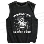 Unisex Screaming Is Self Care Raccoon Printed Washed Tank Top
