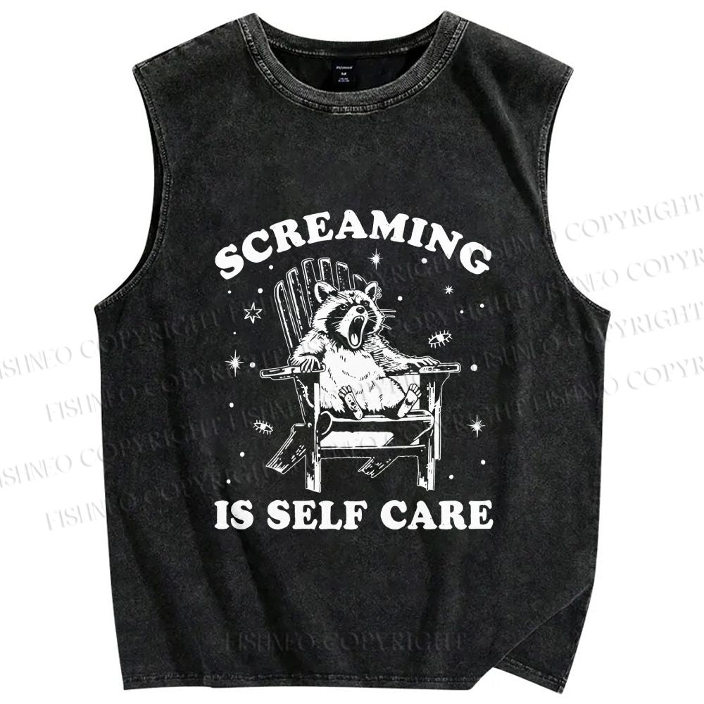 Unisex Screaming Is Self Care Raccoon Printed Washed Tank Top