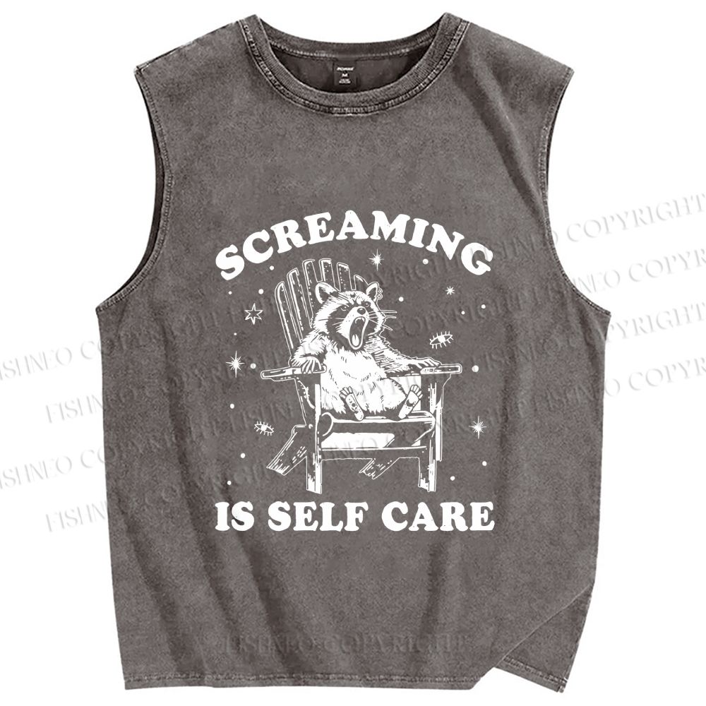 Unisex Screaming Is Self Care Raccoon Printed Washed Tank Top