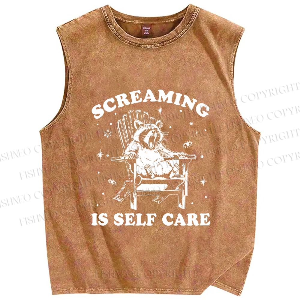 Unisex Screaming Is Self Care Raccoon Printed Washed Tank Top