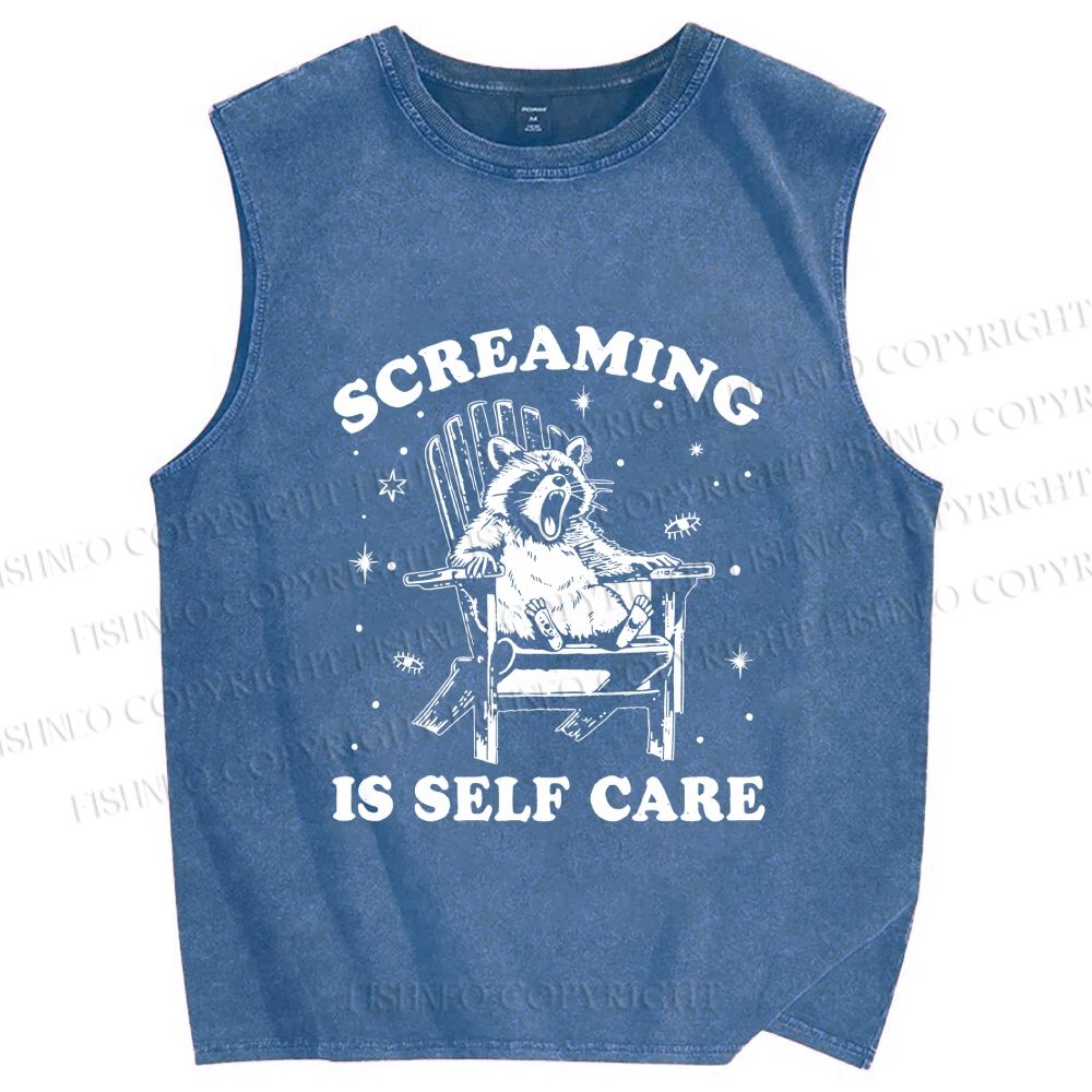 Unisex Screaming Is Self Care Raccoon Printed Washed Tank Top