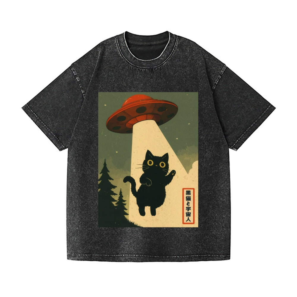 Unisex Cat Alien Kawaii Funny UFO Printed Washed Tee