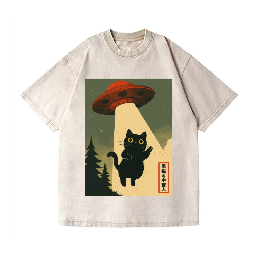 Unisex Cat Alien Kawaii Funny UFO Printed Washed Tee