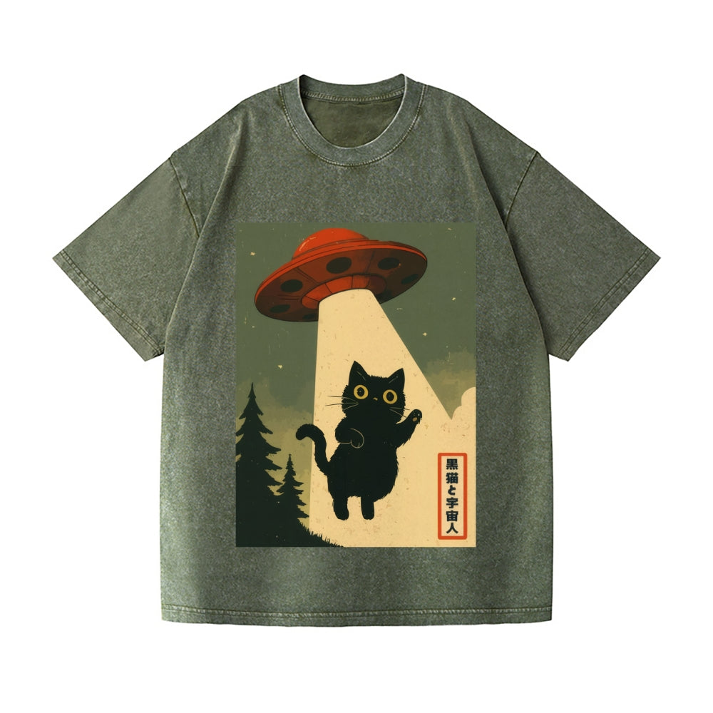 Unisex Cat Alien Kawaii Funny UFO Printed Washed Tee