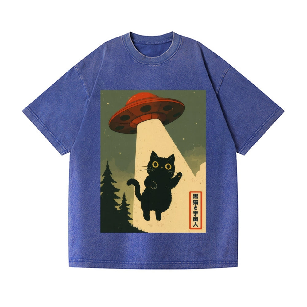 Unisex Cat Alien Kawaii Funny UFO Printed Washed Tee