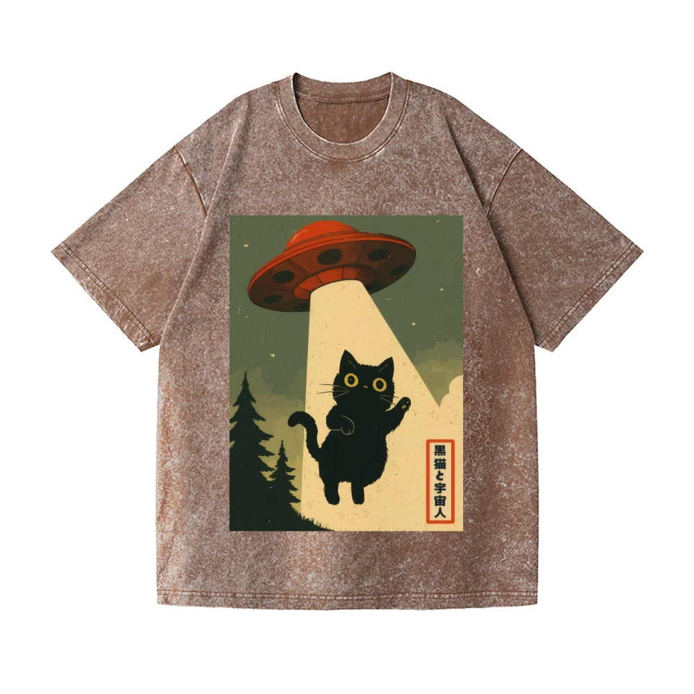 Unisex Cat Alien Kawaii Funny UFO Printed Washed Tee