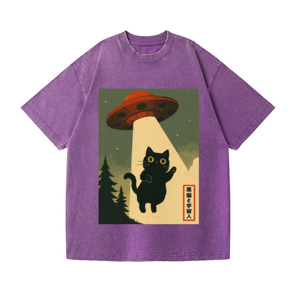 Unisex Cat Alien Kawaii Funny UFO Printed Washed Tee