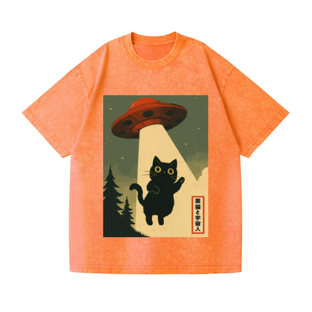 Unisex Cat Alien Kawaii Funny UFO Printed Washed Tee