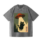 Unisex Cat Alien Kawaii Funny UFO Printed Washed Tee