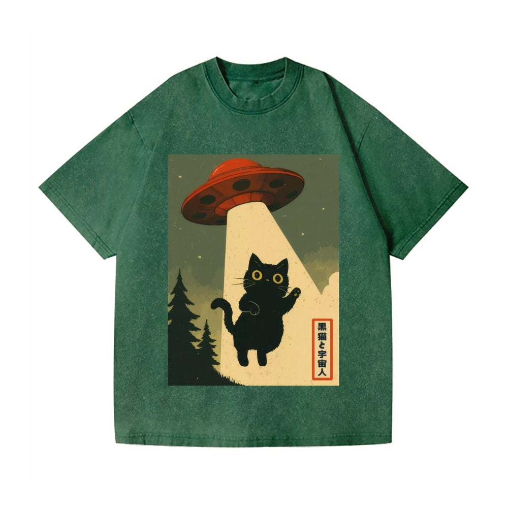 Unisex Cat Alien Kawaii Funny UFO Printed Washed Tee