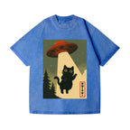 Unisex Cat Alien Kawaii Funny UFO Printed Washed Tee