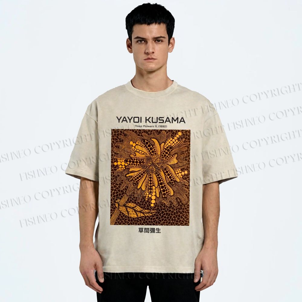 Unisex Yayoi Kusama Artistic Flowers Printed Washed Tee