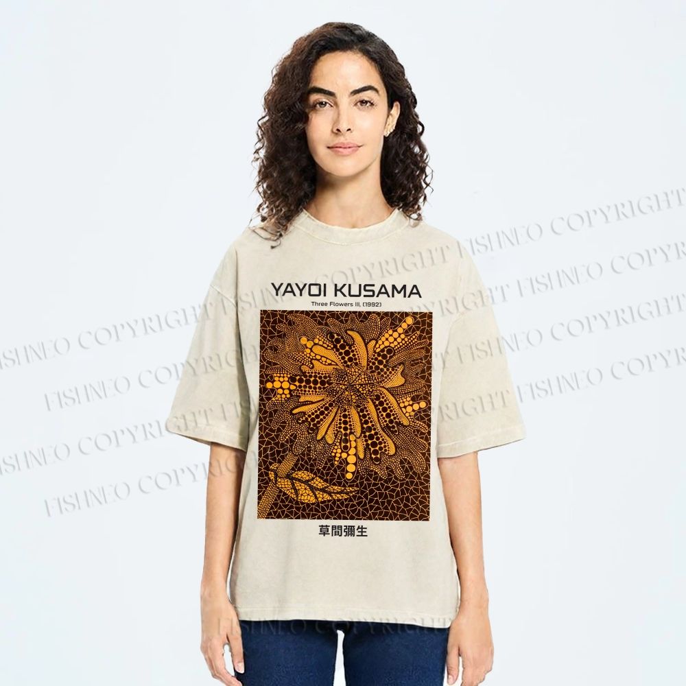 Unisex Yayoi Kusama Artistic Flowers Printed Washed Tee