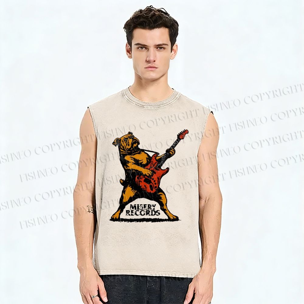Unisex Bulldog Playing The Guitar Printed Washed Tank Top