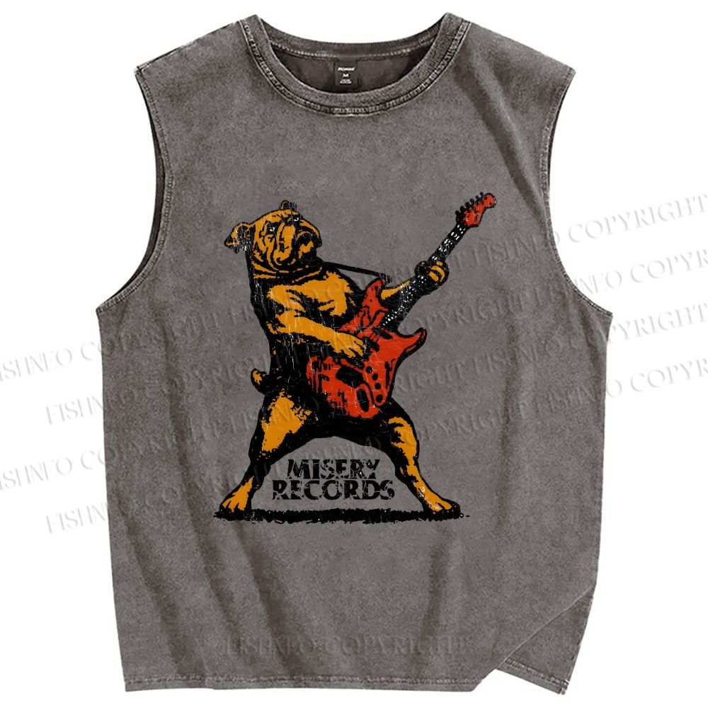 Unisex Bulldog Playing The Guitar Printed Washed Tank Top