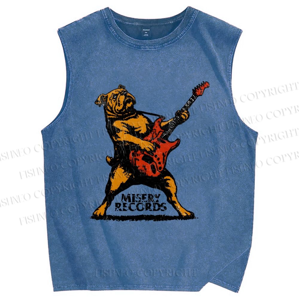 Unisex Bulldog Playing The Guitar Printed Washed Tank Top