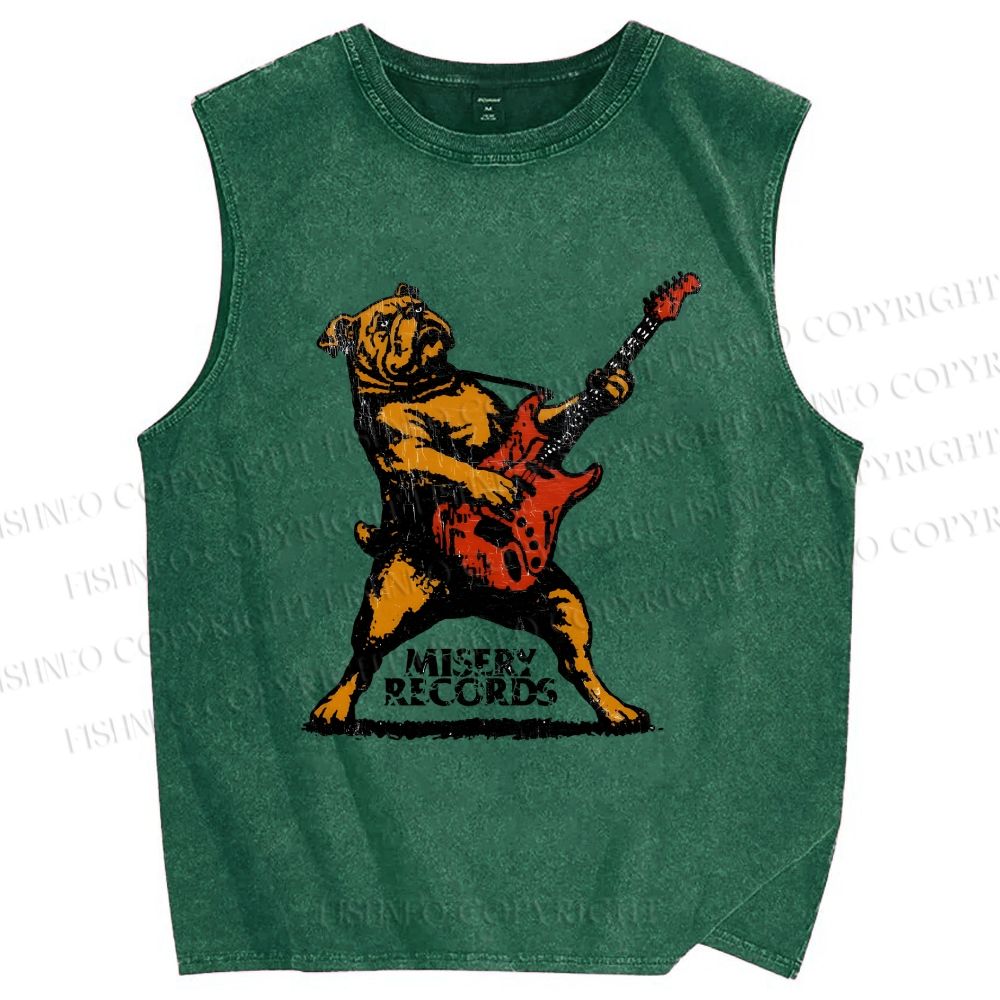 Unisex Bulldog Playing The Guitar Printed Washed Tank Top