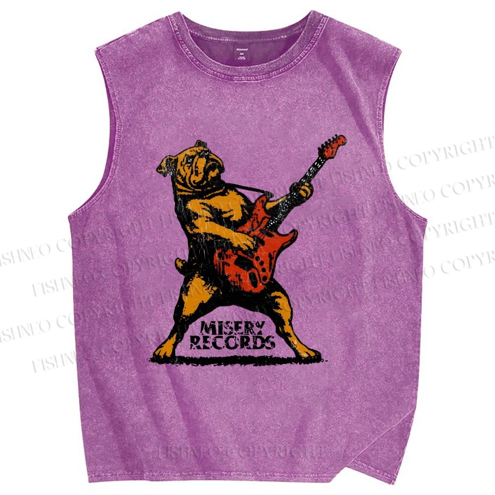 Unisex Bulldog Playing The Guitar Printed Washed Tank Top