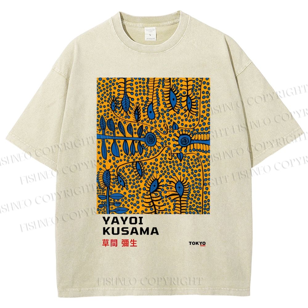 Unisex Yayoi Kusama Artistic Flowers Printed Washed Tee