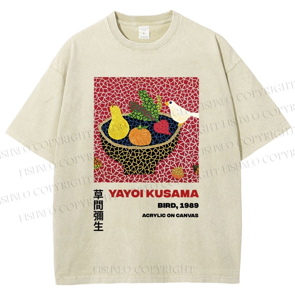 Unisex Yayoi Kusama Fruit And Birds Printed Washed Tee
