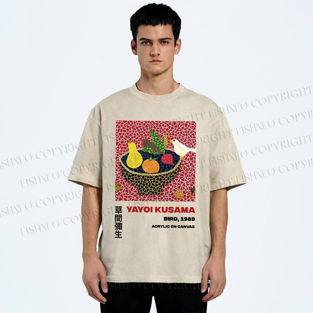 Unisex Yayoi Kusama Fruit And Birds Printed Washed Tee