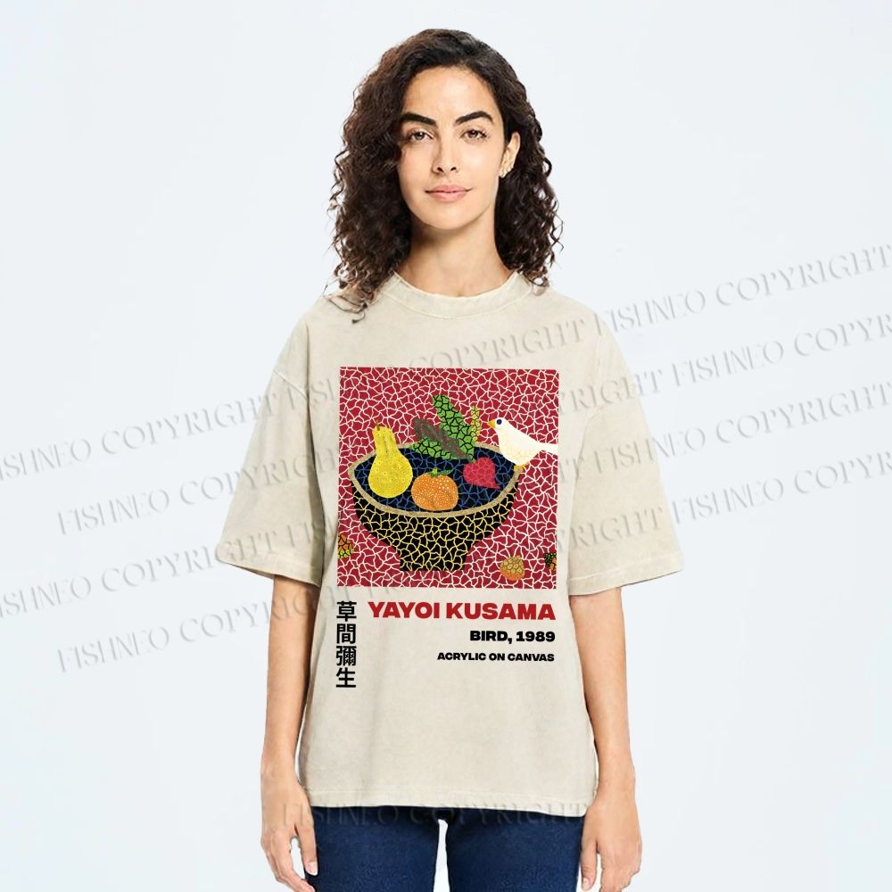 Unisex Yayoi Kusama Fruit And Birds Printed Washed Tee