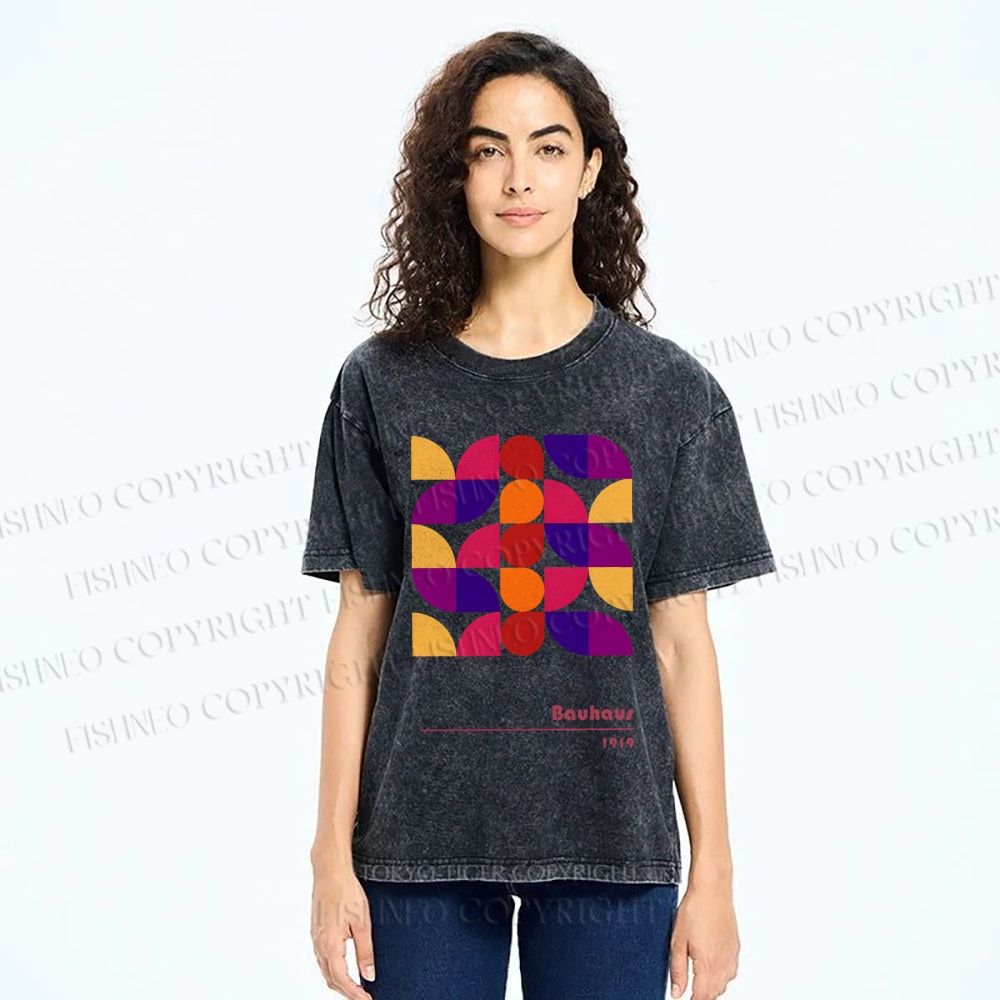 Unisex Bauhaus Colorful Geometry Printed Washed Tee