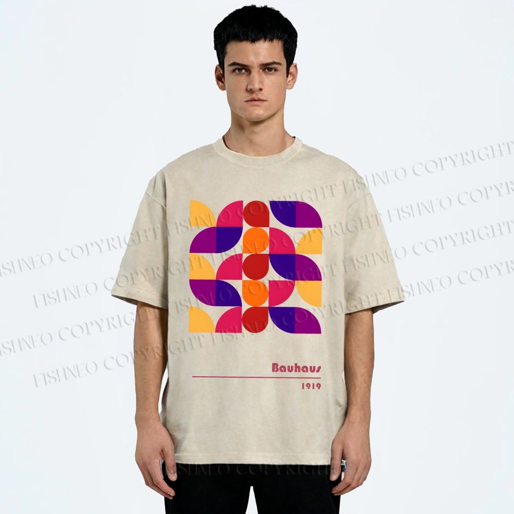 Unisex Bauhaus Colorful Geometry Printed Washed Tee