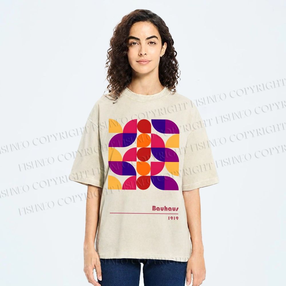 Unisex Bauhaus Colorful Geometry Printed Washed Tee